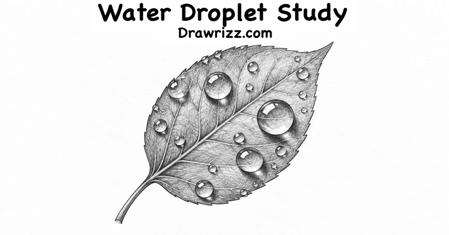 35 Leaf Drawing Ideas for Creative Botanical Sketches Leaf Drawing Ideas featuring a detailed leaf with realistic water droplets, fine veins and shaded black and white botanical sketch.