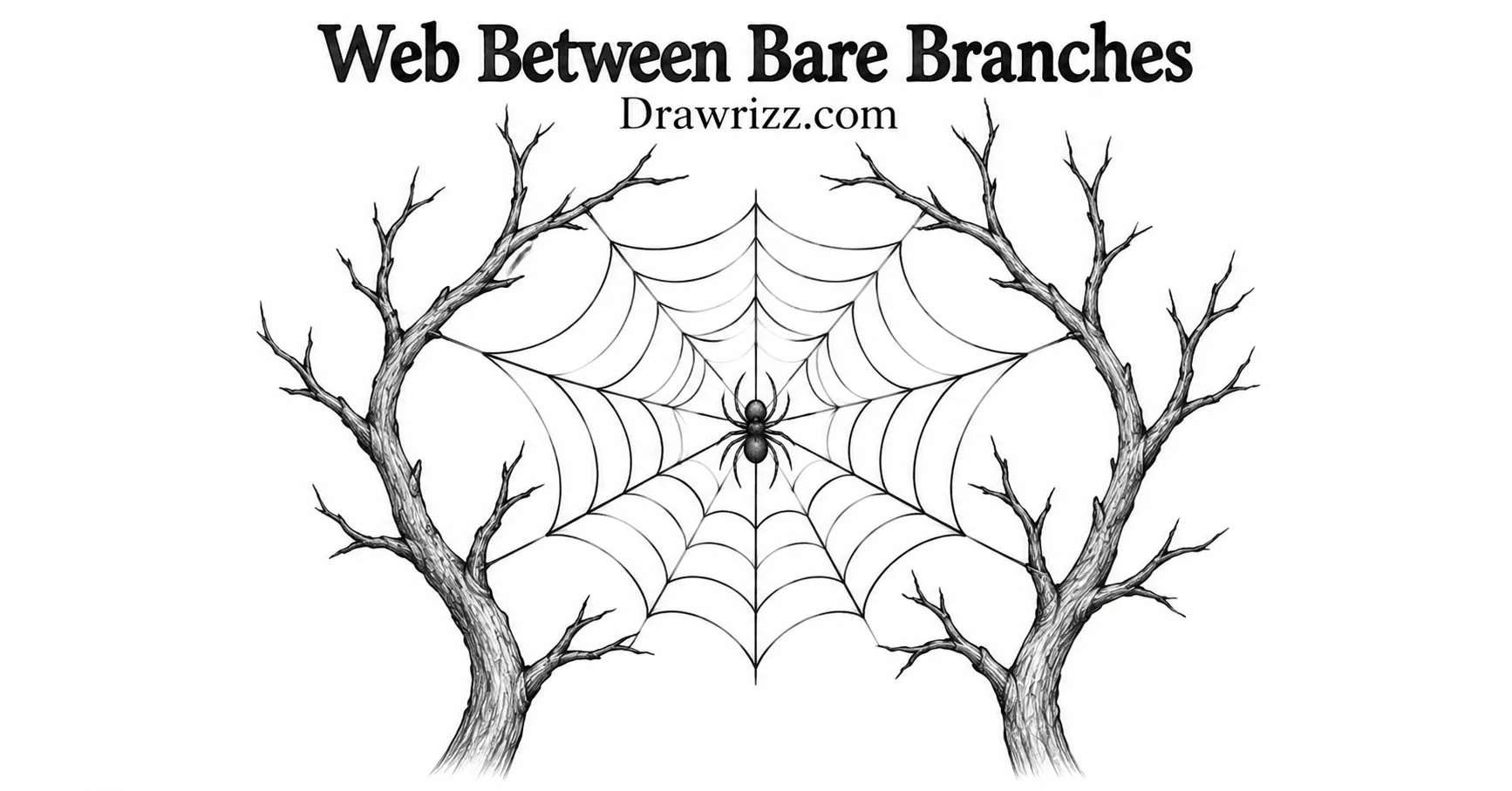 35 Halloween Drawing Ideas for Cute and Spooky Sketches Web Between Bare Branches drawing featuring a detailed spider web with a spider centered between two spooky leafless trees