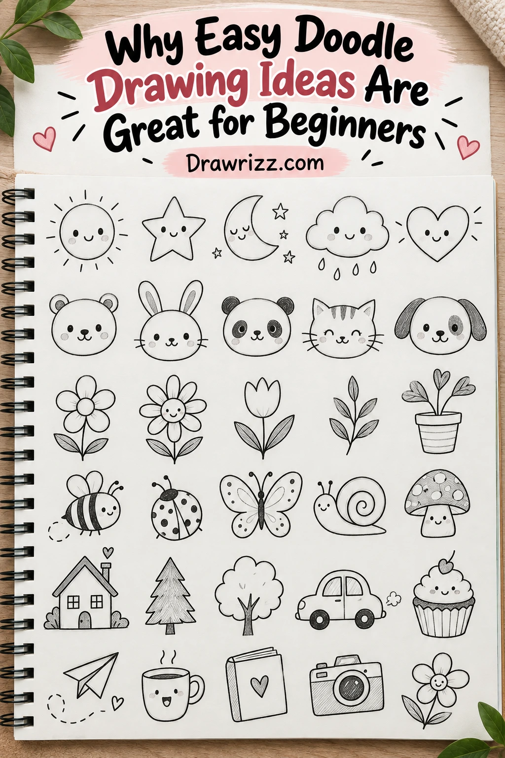 Easy Doodle Drawing Ideas for beginners featuring cute animals, flowers, nature, food and simple objects in a sketchbook art.