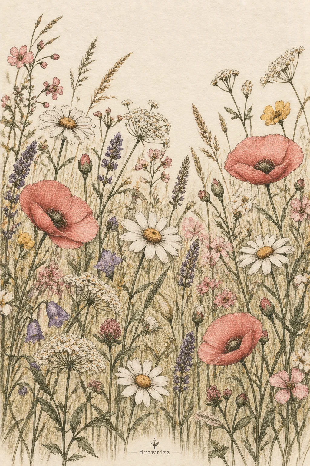 Wildflower Meadow flower drawing ideas featuring poppies, daisies, lavender, delicate pink blossoms, grasses, and scattered meadow flowers in a soft botanical illustration.