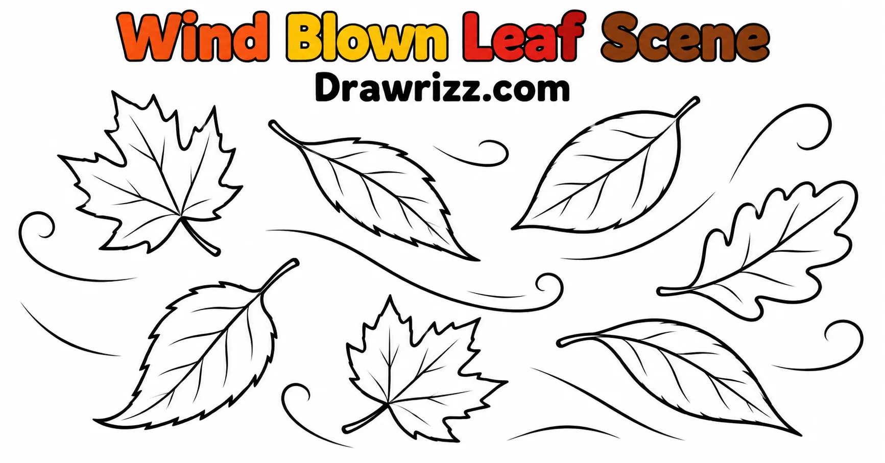 Fall Leaves Drawing Ideas featuring wind-blown maple, oak and autumn leaves with motion lines for an easy seasonal sketch
