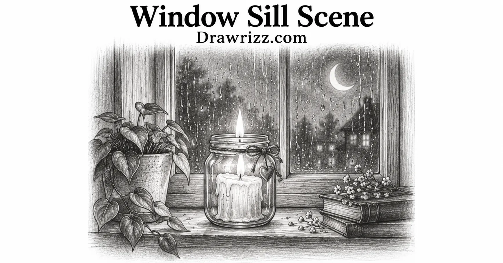 Window Sill Scene candle drawing with glowing jar candle, rainy window, moon, books, plants, and detailed black and white pencil art.