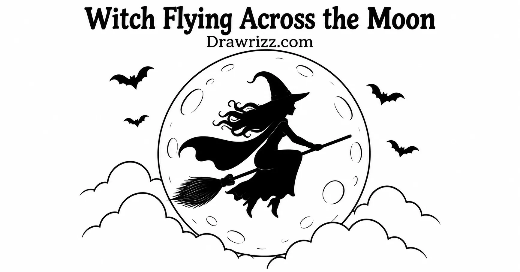 35 Halloween Drawing Ideas for Cute and Spooky Sketches Witch Flying Across the Moon in black and white with a broom, pointed hat, full moon, bats, and clouds for a Halloween sketch