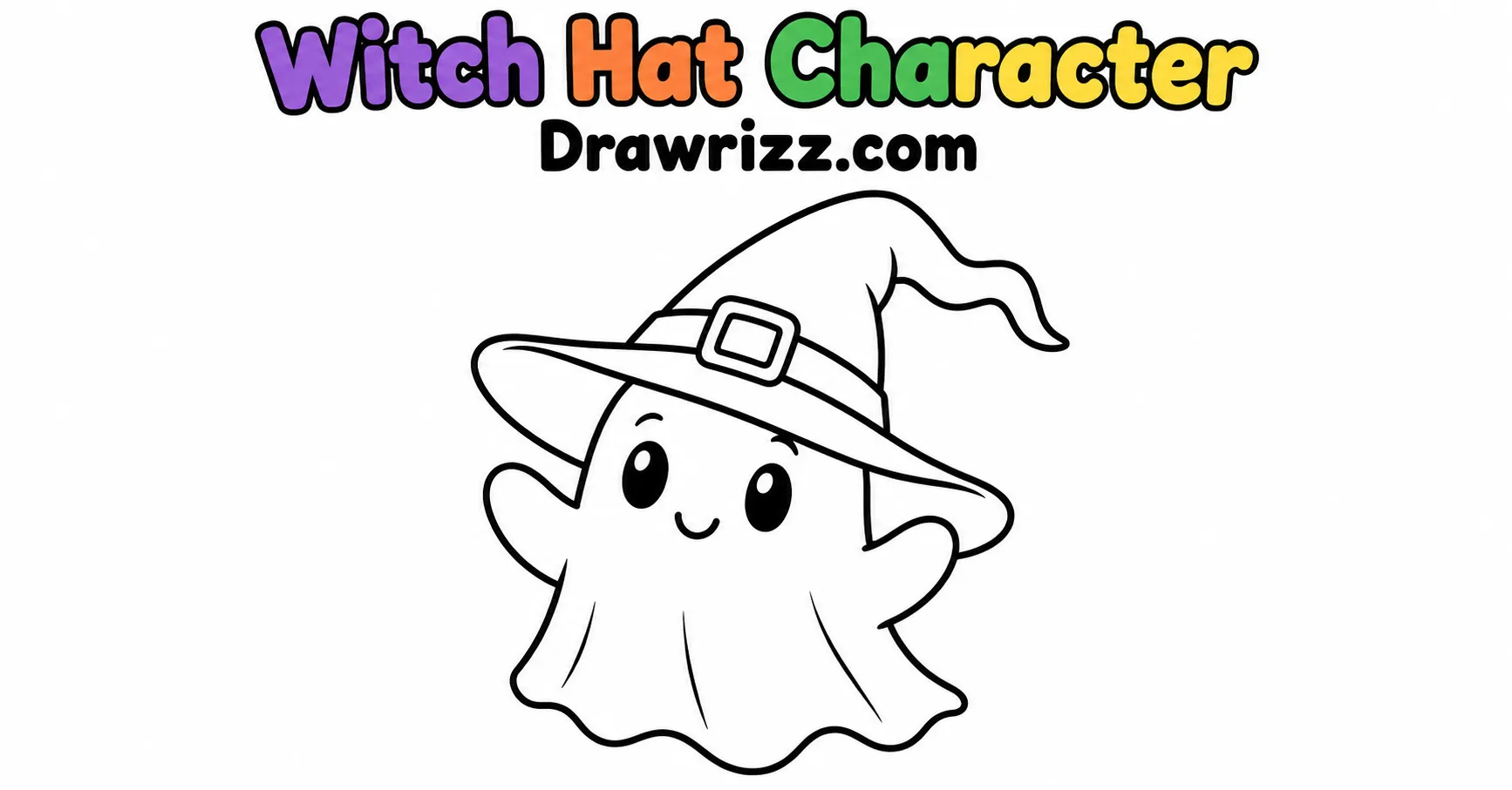 Witch Hat Character from Ghost Drawing Ideas, featuring a cute smiling ghost in a witch hat with bold outlines for kids coloring.