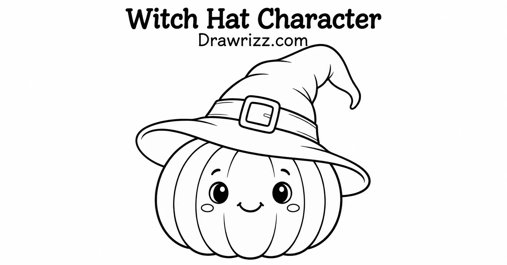 Pumpkin Drawing Ideas featuring a cute smiling pumpkin character wearing a classic witch hat with bold, kid-friendly outlines.