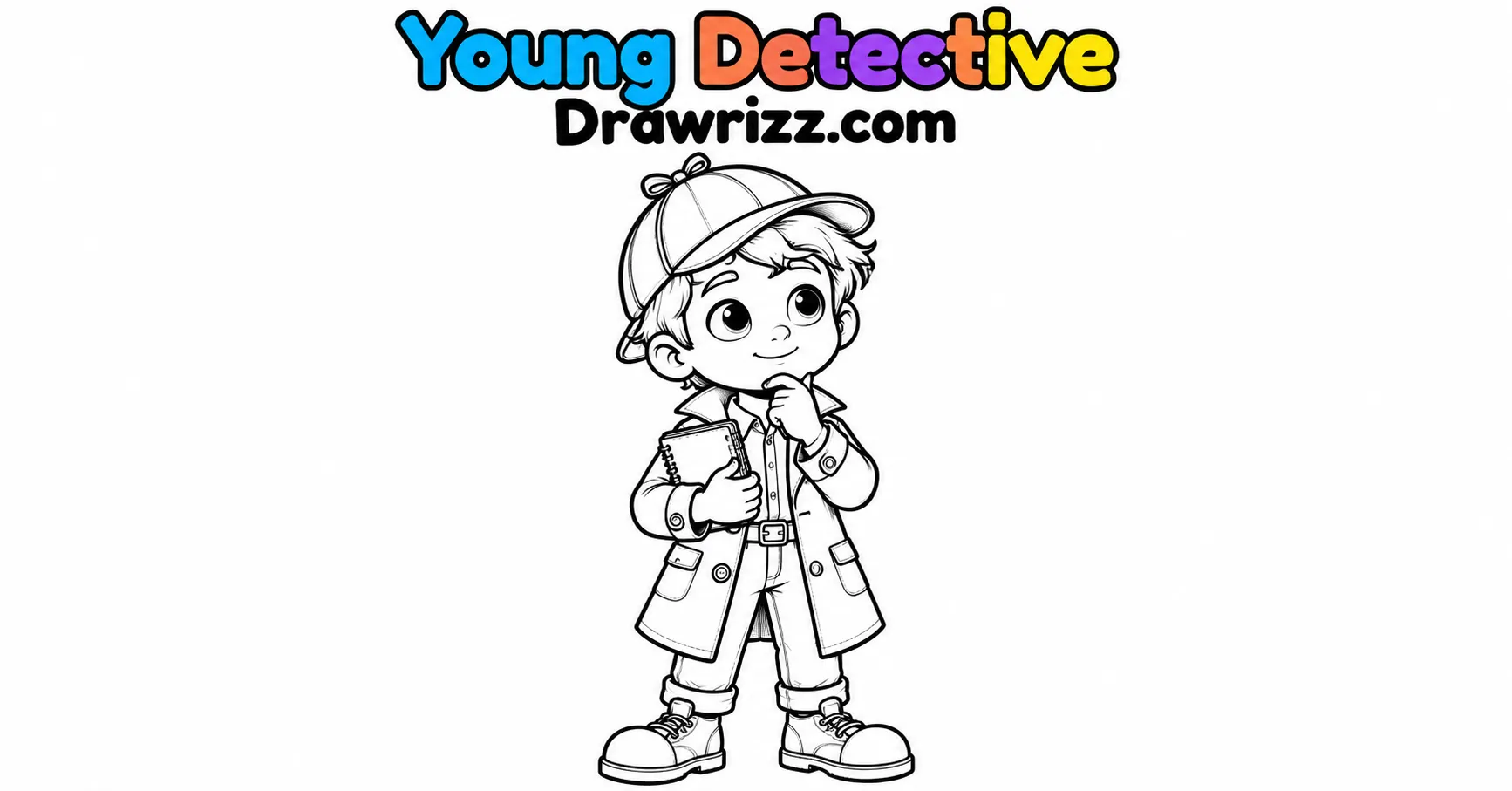 Character Sketch Ideas featuring a young detective with cap, long coat and notebook in a curious pose with clean black-and-white line art.