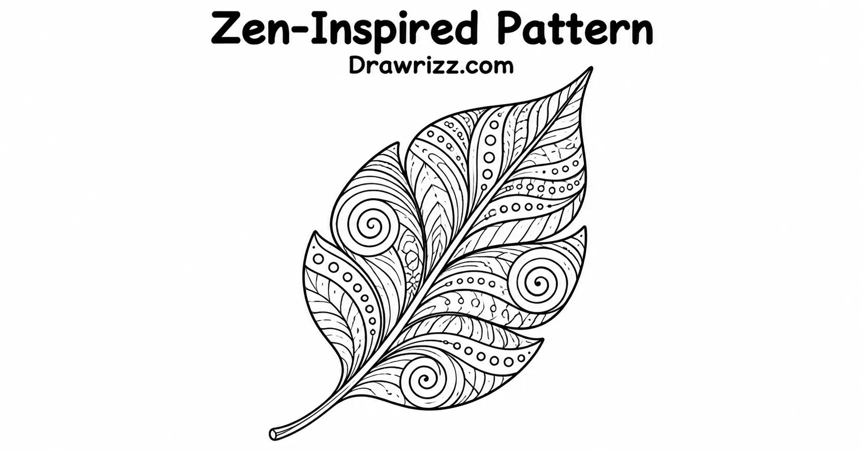 35 Leaf Drawing Ideas for Creative Botanical Sketches Leaf Drawing Ideas featuring a Zen-inspired leaf with spirals, dots, curved lines and intricate black and white decorative patterns.