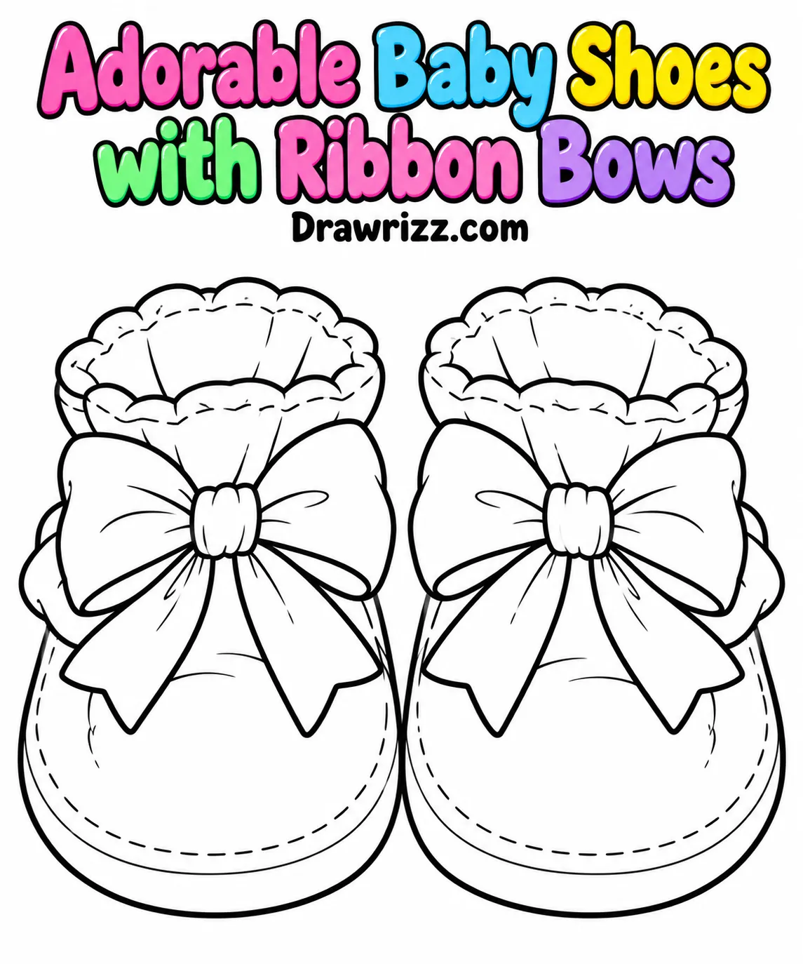 Adorable baby shoes with ribbon bows in black and white coloring art, perfect for baby shower drawing ideas and easy coloring