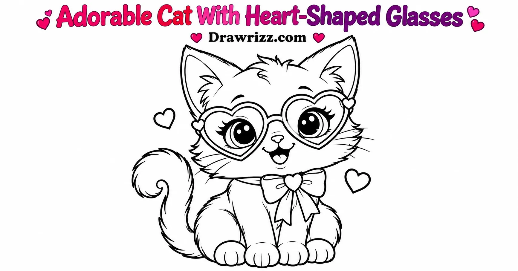 Valentine’s Day Drawing Ideas featuring a cute kitten with heart-shaped glasses, ribbon bow, curled tail and outlined hearts