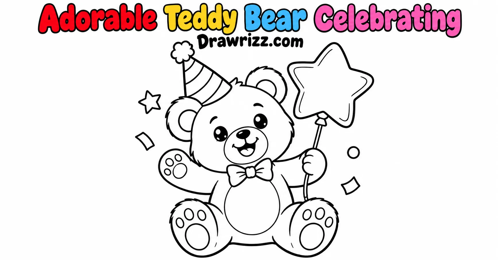 New Year Drawing Ideas featuring a cute teddy bear wearing a party hat, holding a star balloon, with a bow tie and festive confetti.
