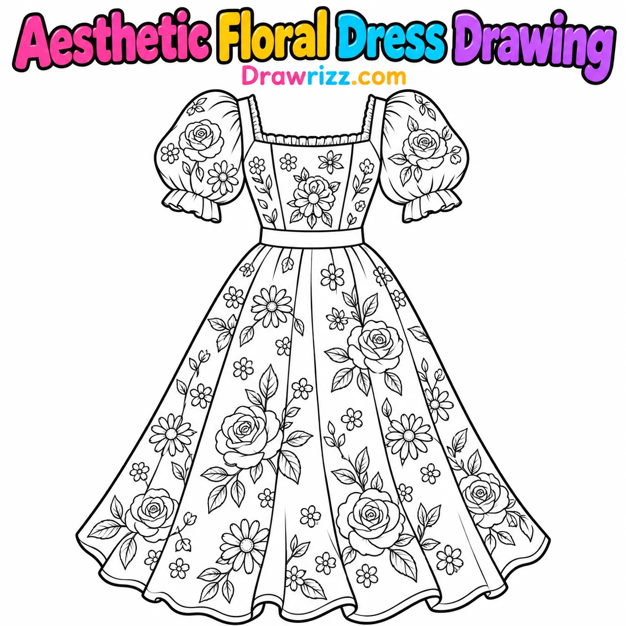 Dress Drawing Ideas featuring an aesthetic floral midi dress with puff sleeves, square neckline, roses, daisies and flowing skirt.