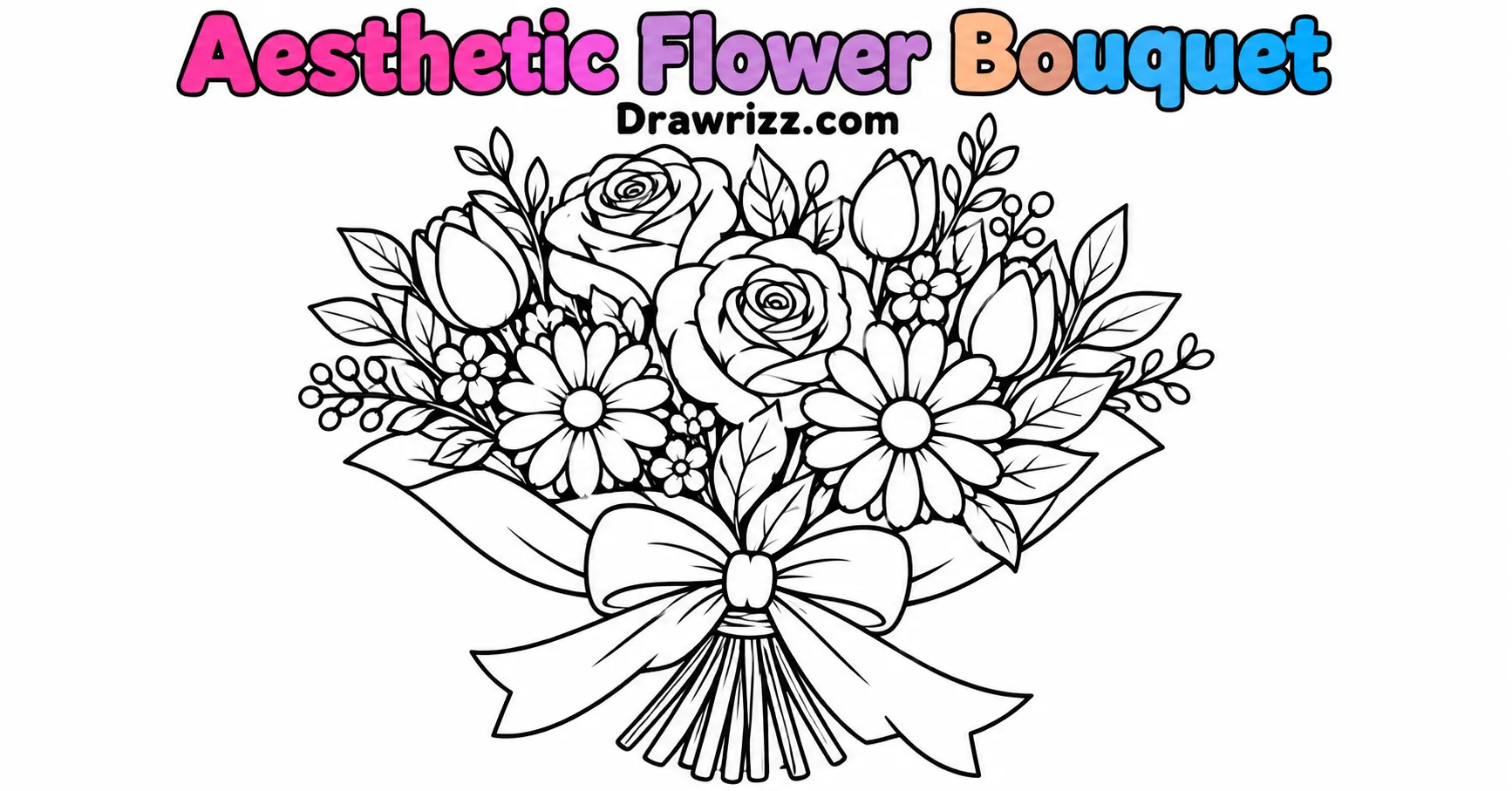 Gift Drawing Ideas featuring an aesthetic flower bouquet with roses, daisies, tulips, leafy stems and a large ribbon bow in line art