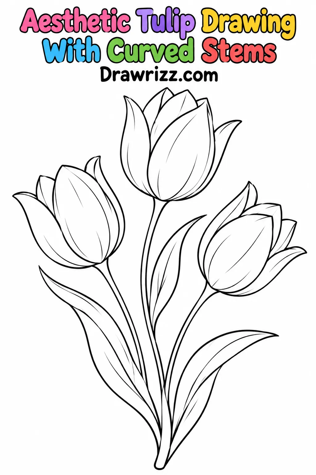 Tulip Drawing Ideas featuring three elegant black and white tulips with curved stems, pointed petals and flowing long leaves