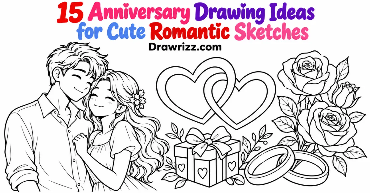 Anniversary drawing ideas with a cute couple, intertwined hearts, roses, gift box and wedding rings in black-and-white line art.