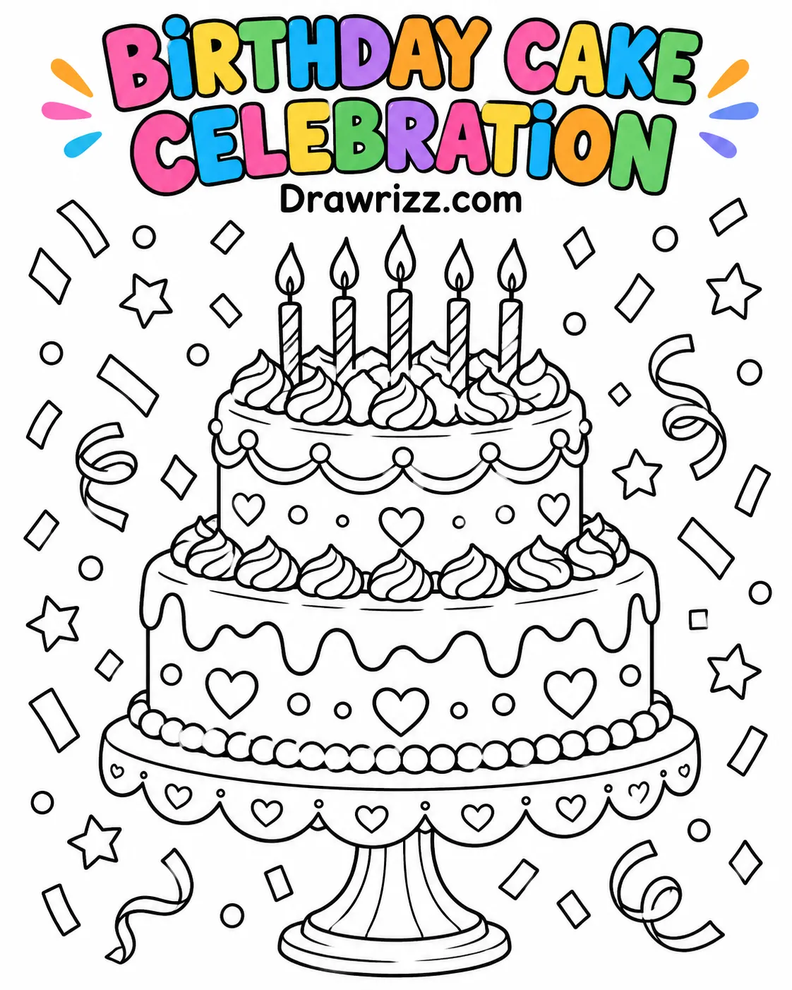 Confetti Drawing Ideas featuring a two-tier birthday cake with candles, frosting, stars, ribbons, and festive party confetti.