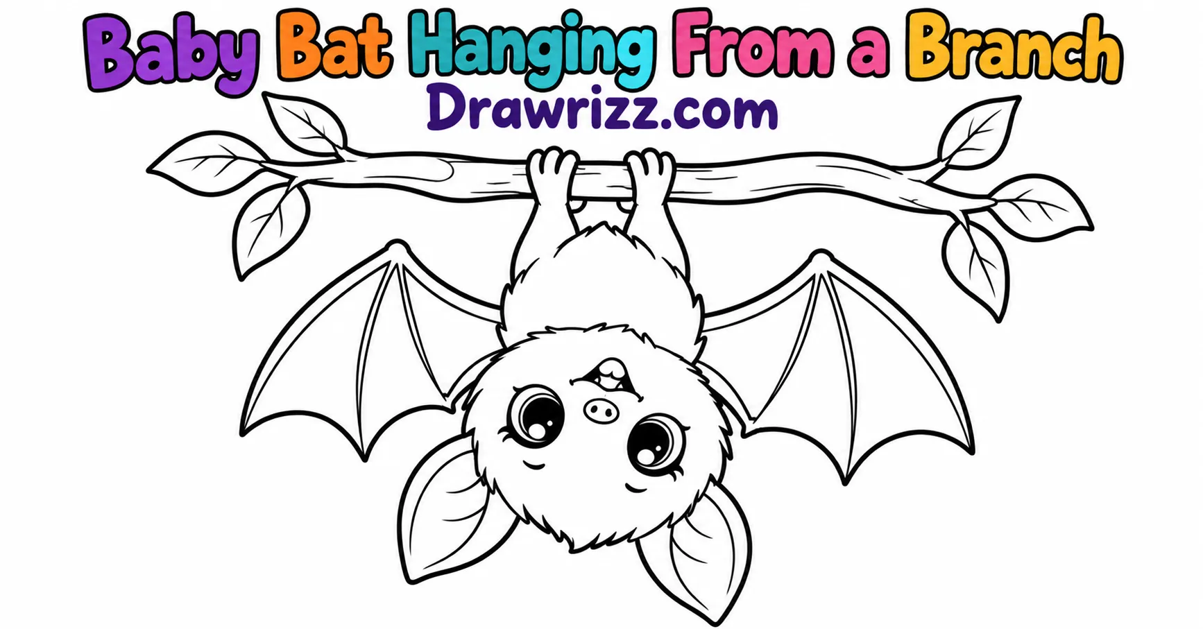 15 Bat Drawing Ideas for Cute and Easy Sketches Bat Drawing Ideas featuring a cute baby bat hanging upside down from a tree branch with big eyes, open wings, and a happy smile