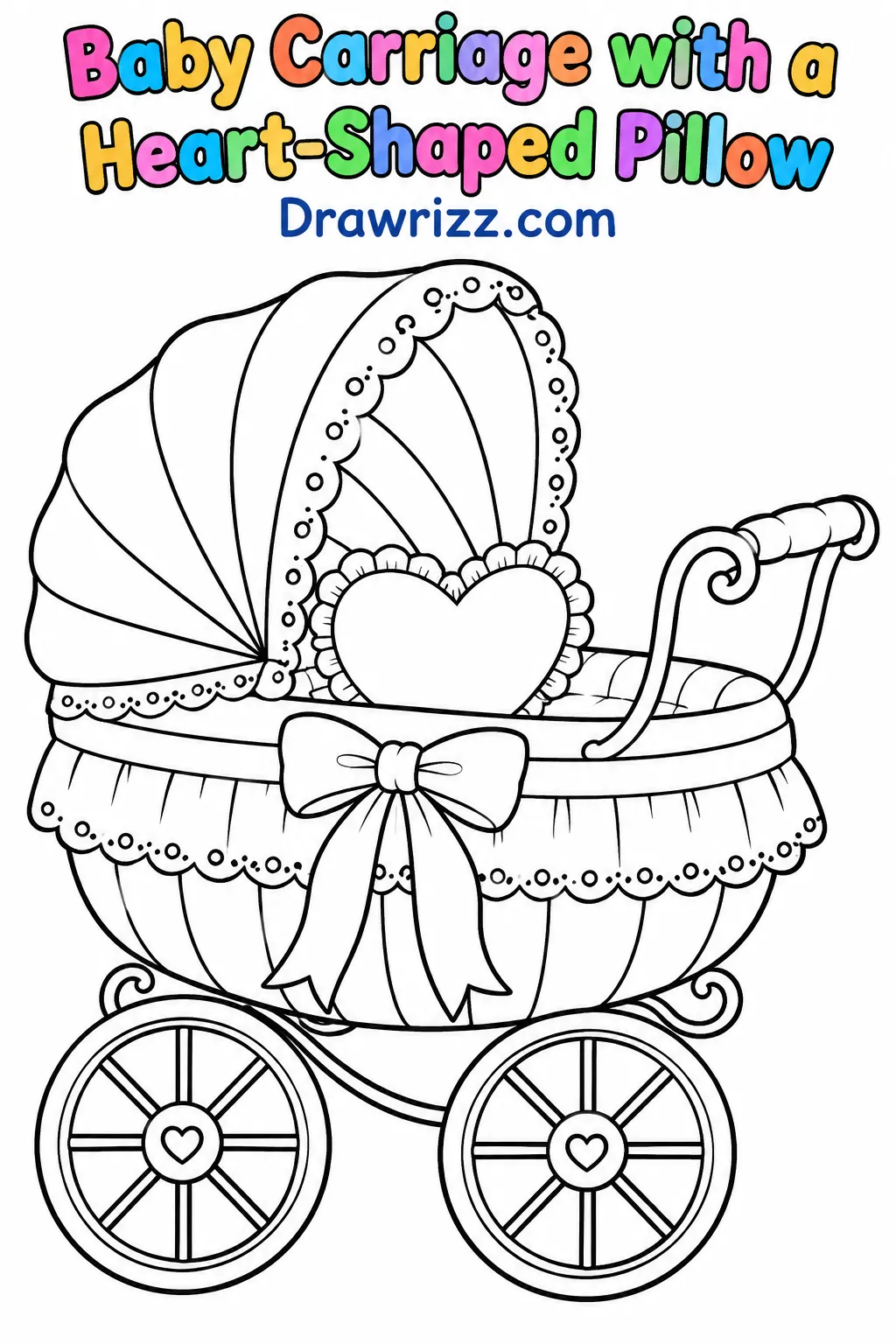 Baby shower drawing ideas featuring a vintage baby carriage, heart-shaped pillow, ribbon bow, curved canopy and ornate wheels.