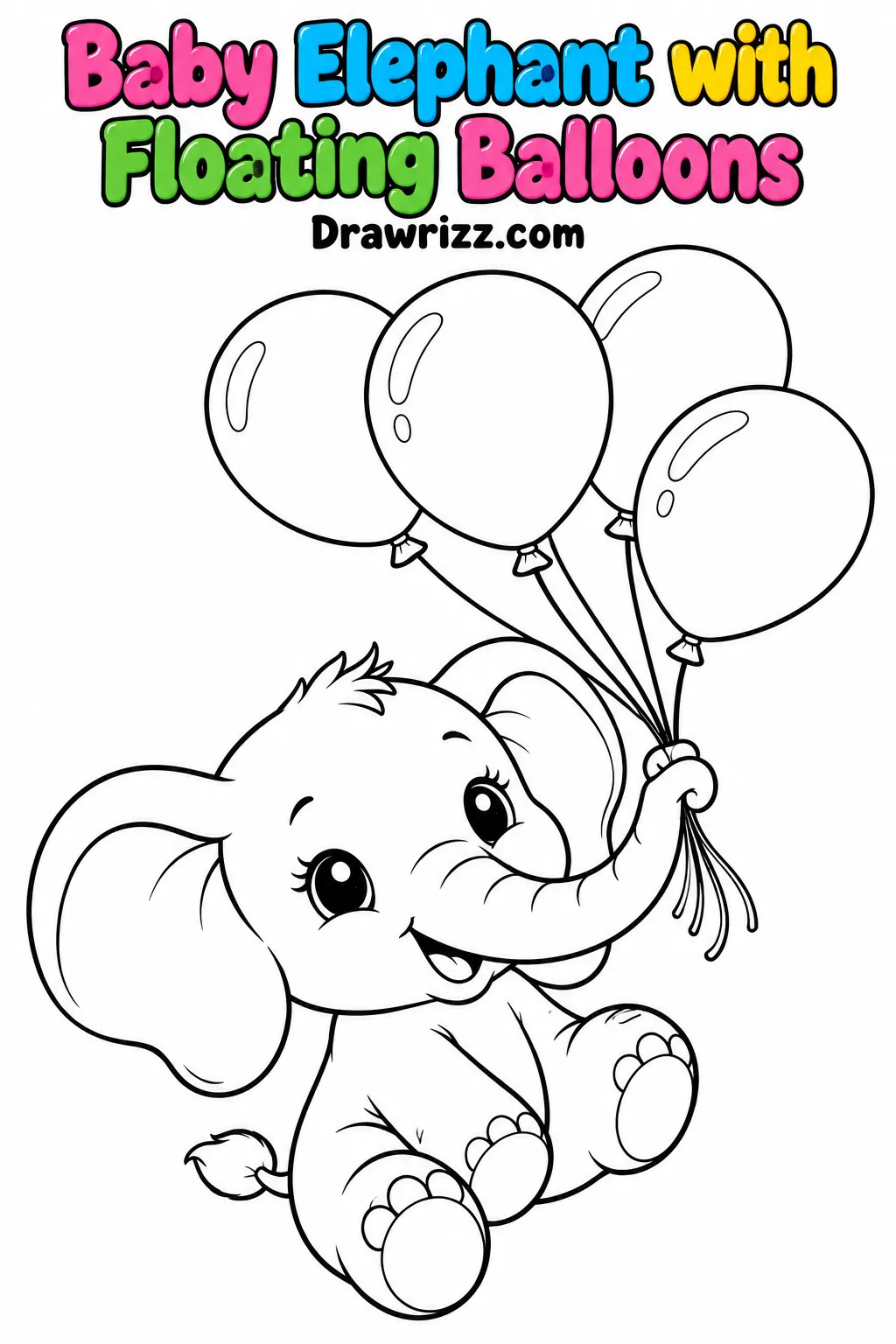 Baby shower drawing ideas featuring a cute baby elephant holding five floating balloons in a black and white coloring page for kids.
