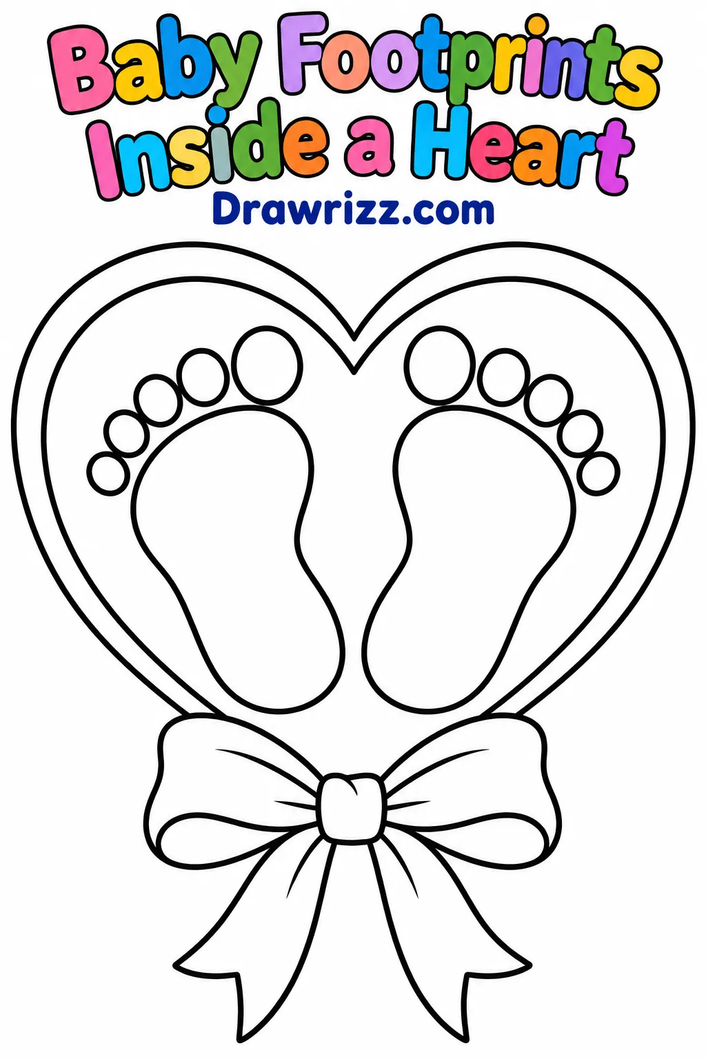 Baby shower drawing ideas featuring two tiny newborn footprints inside a large heart with a ribbon bow, ready for kids to color