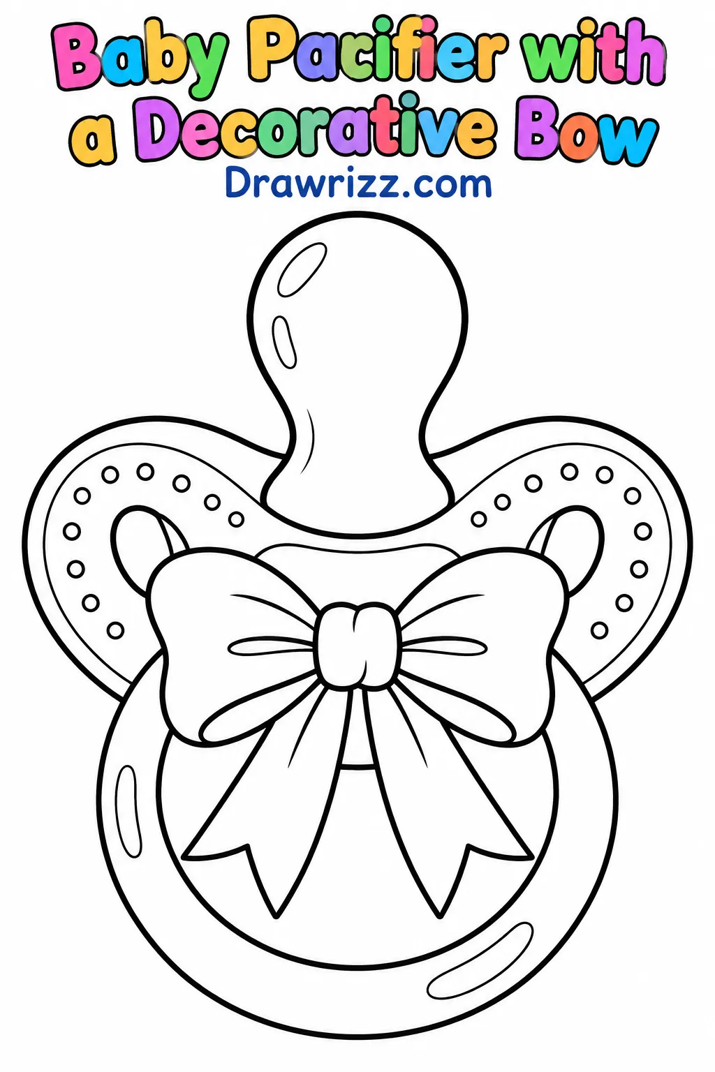 Baby shower drawing ideas featuring a cute baby pacifier with a decorative ribbon bow, rounded nipple, oval shield and dots.