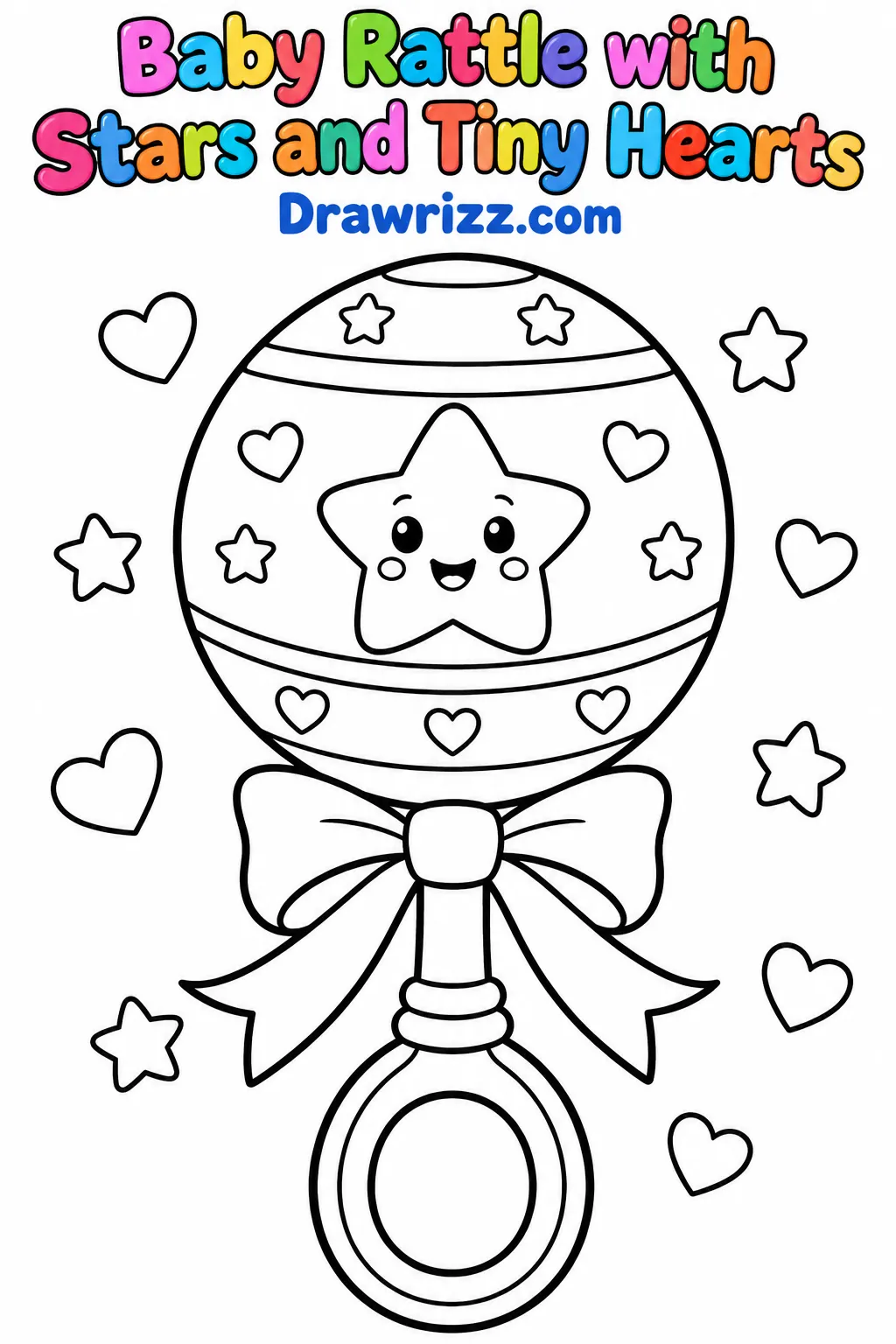 Baby shower drawing ideas featuring a cute baby rattle with a smiling star, tiny hearts, and bold outlines for easy coloring