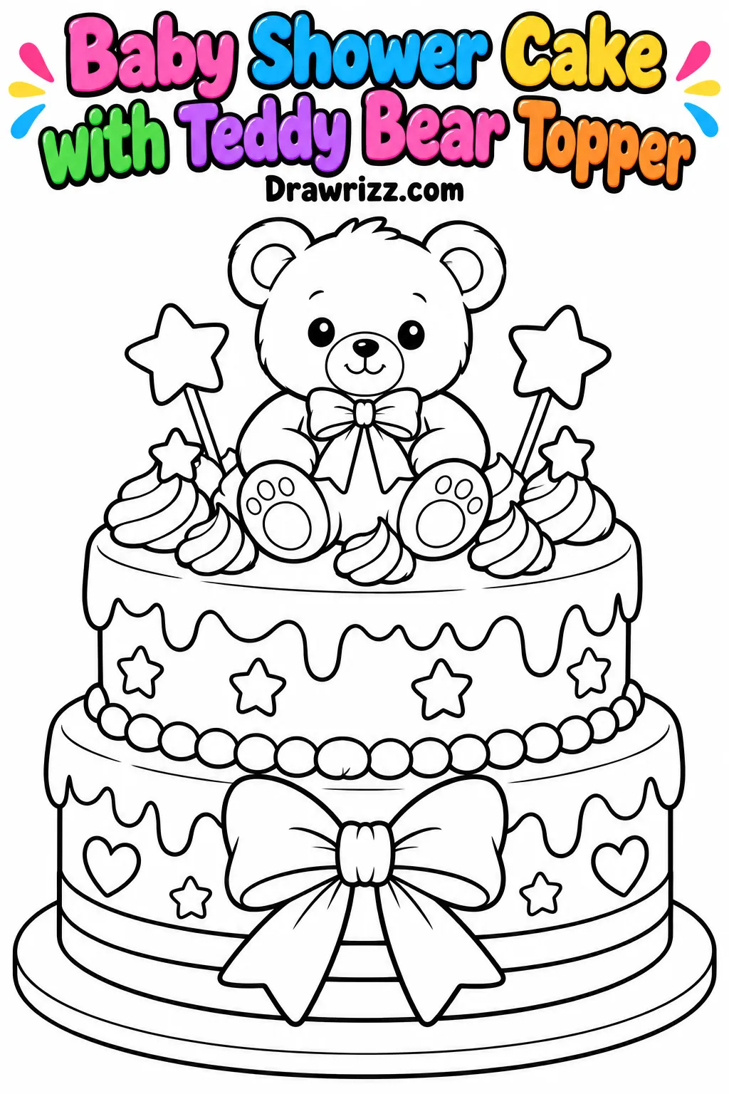 Baby shower drawing ideas featuring a two-tier cake with teddy bear topper, dripping icing, ribbon bow, hearts and stars art.