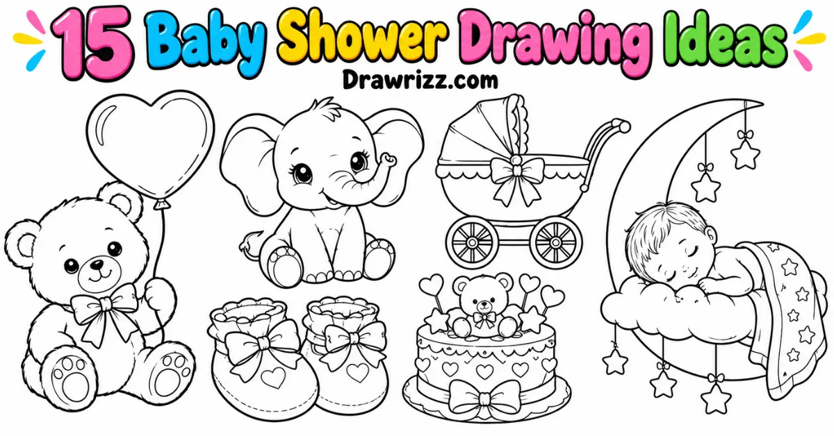Baby shower drawing ideas with a teddy bear, elephant, stroller, baby booties, celebration cake and sleeping newborn to color