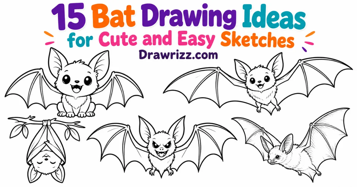 Bat Drawing Ideas featuring five cute and spooky black-and-white bat sketches, including flying, sleeping, and Halloween bats.