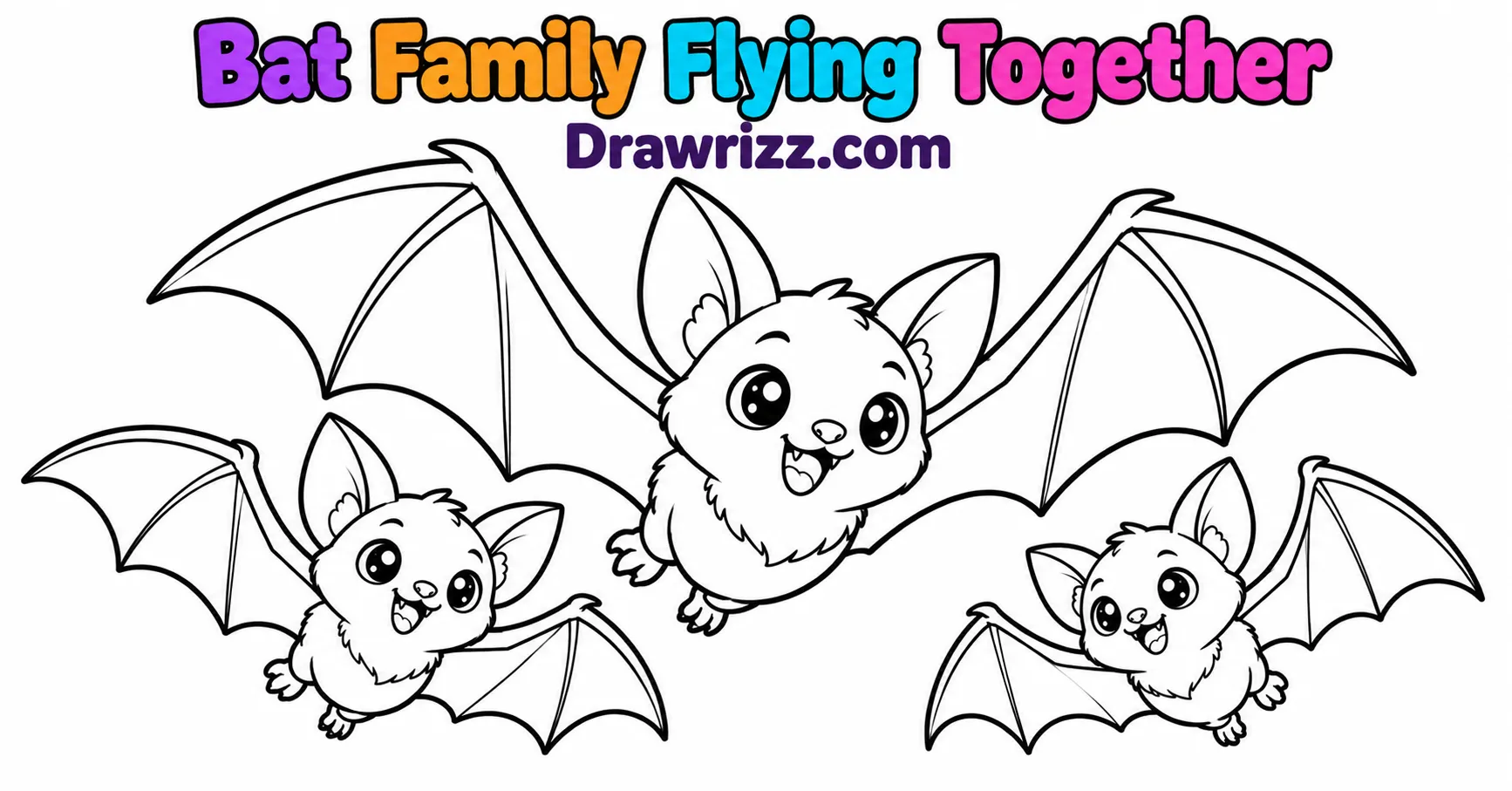 15 Bat Drawing Ideas for Cute and Easy Sketches Bat Drawing Ideas featuring a cheerful bat family flying together, with one large parent bat and two cute baby bats, outlined for coloring