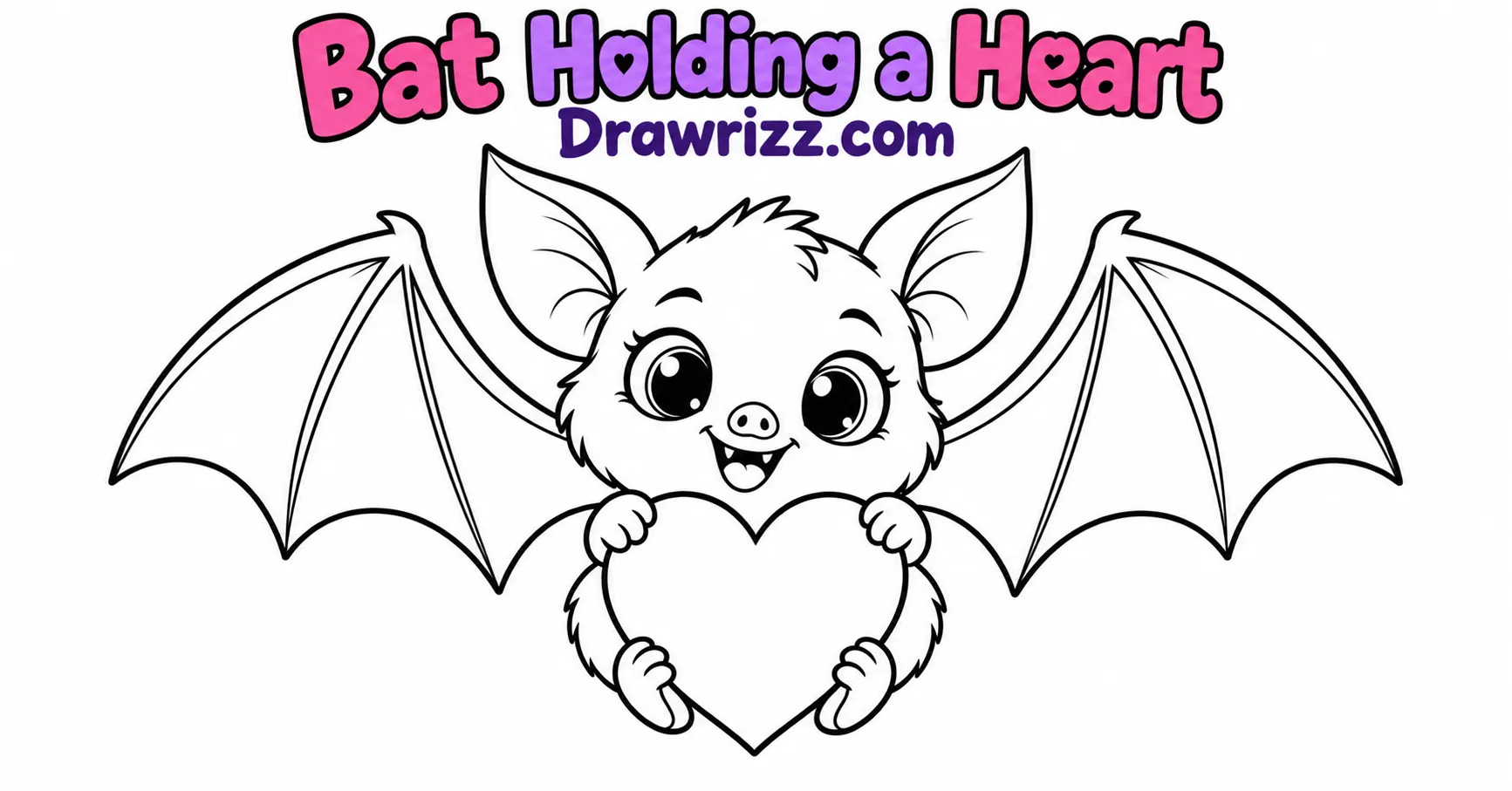 15 Bat Drawing Ideas for Cute and Easy Sketches Bat Drawing Ideas featuring an adorable smiling bat holding a large heart, with wide open wings and bold black outlines for coloring