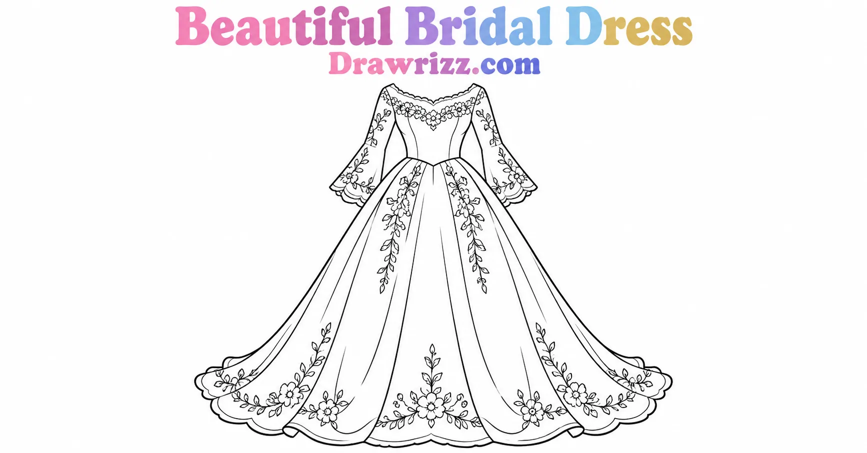 15 Wedding Drawing Ideas for Easy and Romantic Sketches Wedding drawing ideas feature a bridal dress with floral lace, modest sleeves, clean bold outlines and elegant wedding style
