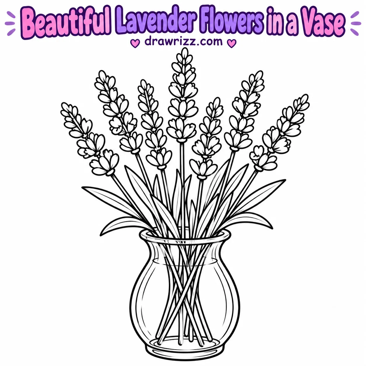 15 Lavender Drawing Ideas for Easy and Cute Flowers Lavender Drawing Ideas featuring seven lavender flower stems with oval buds and narrow leaves in a glass vase, ready to color.