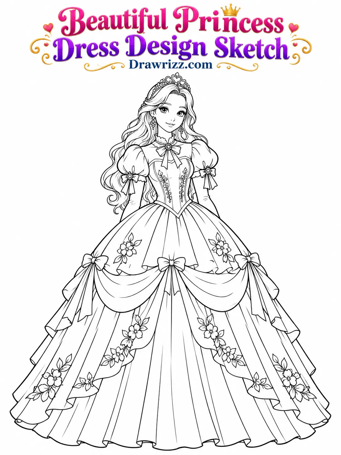 Fashion sketch drawing ideas featuring a princess gown with puff sleeves, floral details, bows, and layered skirt to color