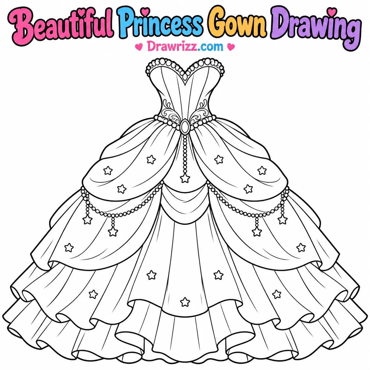 Dress Drawing Ideas featuring a beautiful princess ball gown with layered skirt, stars and elegant details for kids to color.