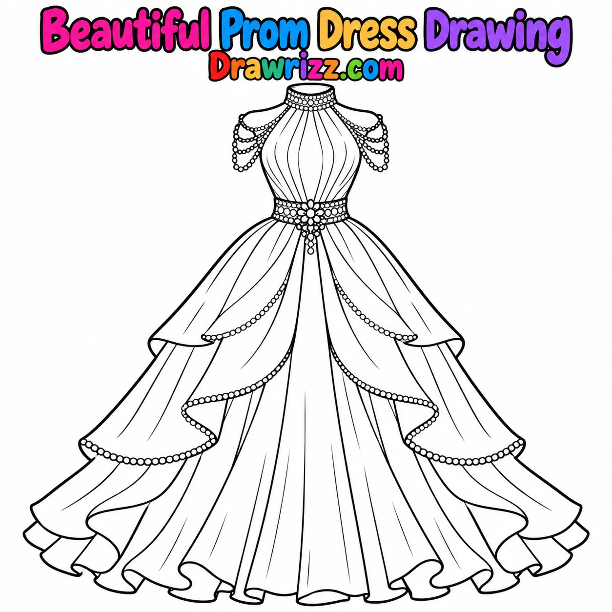 Dress Drawing Ideas featuring an elegant prom gown with high neckline, beaded waist, shoulder details and flowing full skirt.