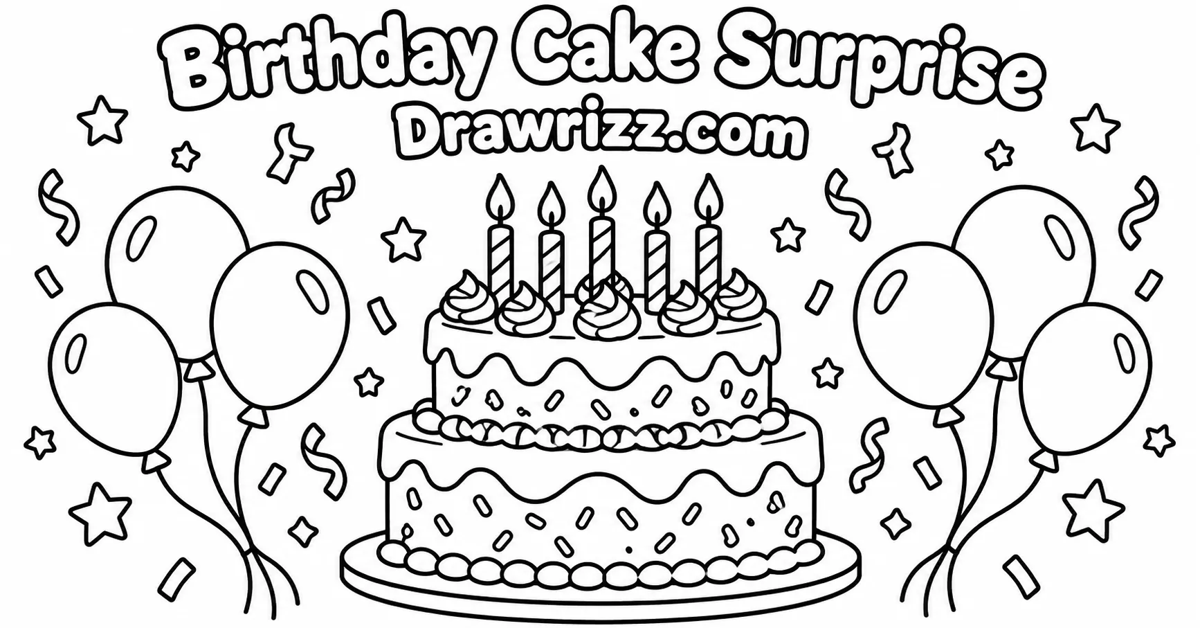 Gift drawing ideas featuring a cute birthday cake with candles, balloons, sprinkles, confetti and stars for kids to color
