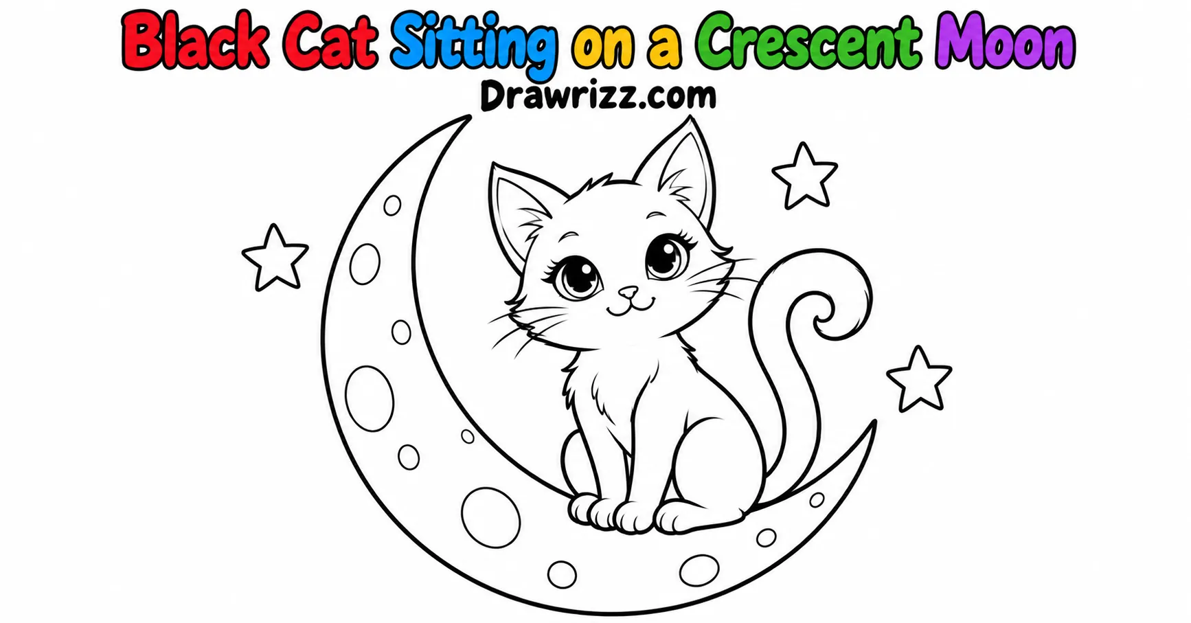 Halloween Doodle Ideas featuring a cute cat sitting on a crescent moon with three stars in black-and-white printable coloring art.
