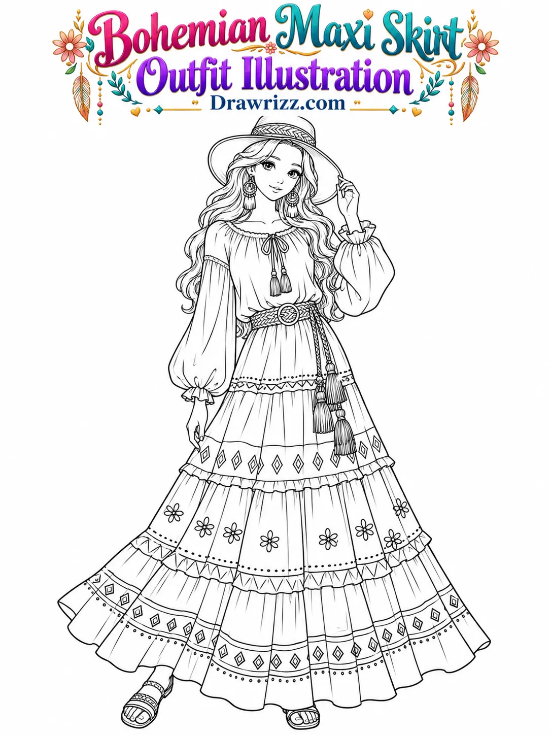 Fashion sketch drawing ideas featuring a bohemian maxi skirt, floral patterns, geometric details, loose blouse, and sandals.