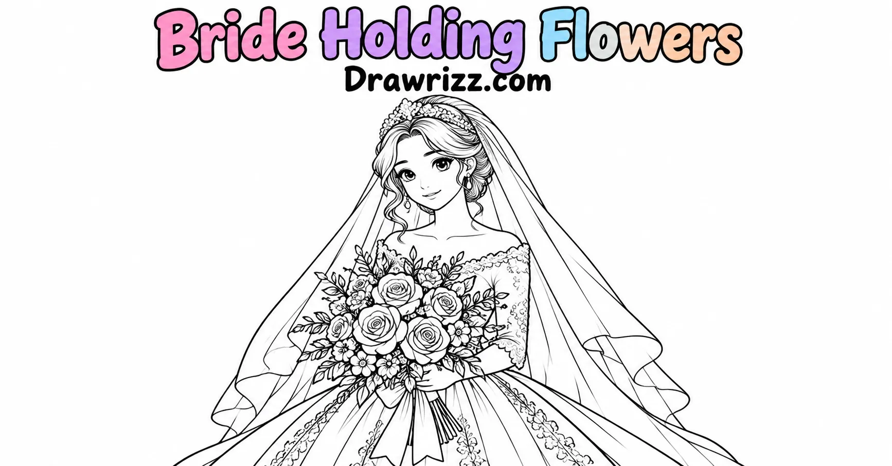 15 Wedding Drawing Ideas for Easy and Romantic Sketches Wedding drawing ideas featuring an elegant bride holding a floral bouquet, wearing a flowing veil and detailed gown in line art