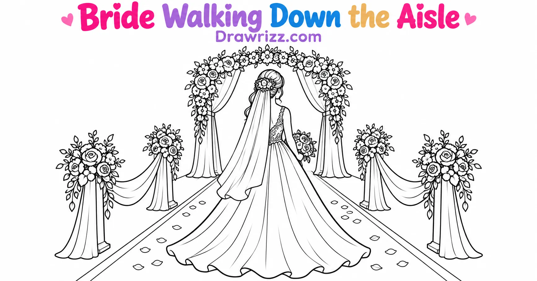 15 Wedding Drawing Ideas for Easy and Romantic Sketches Wedding drawing ideas showing a bride walking down the aisle in a flowing gown toward a floral arch in easy black-and-white line art.
