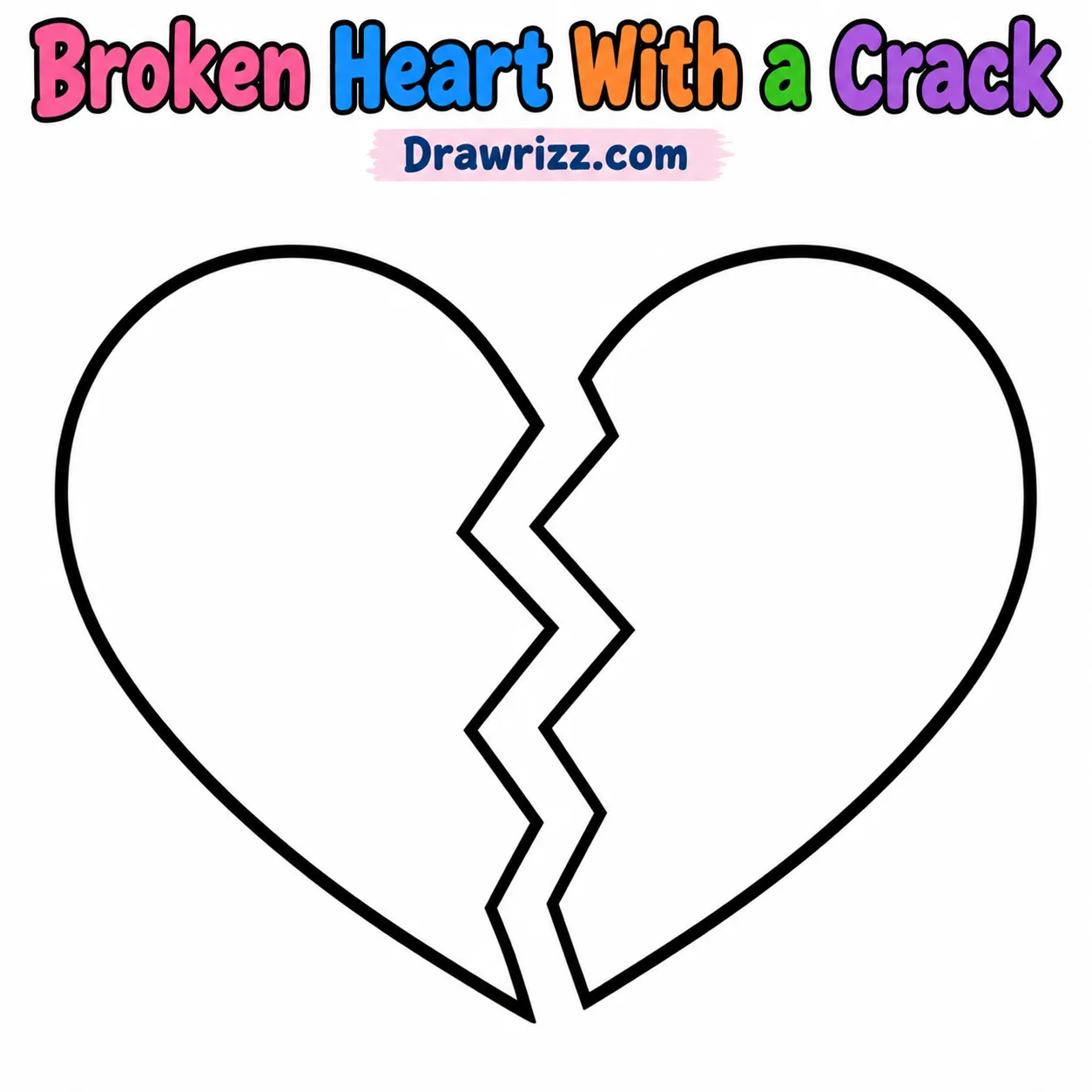 Broken Heart With a Crack coloring page featuring a split heart with bold black outlines, perfect for easy printable heart art.