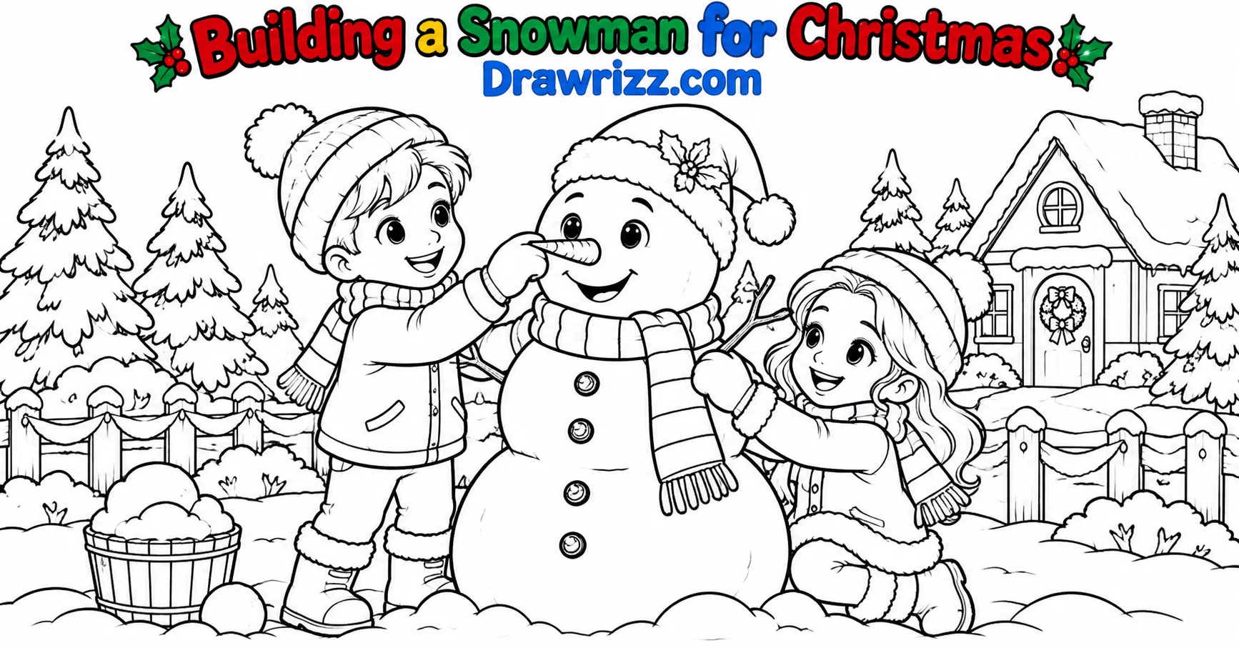 Christmas Celebration Drawing Ideas featuring two happy kids building a snowman with a Santa hat, scarf, and snowy Christmas yard.