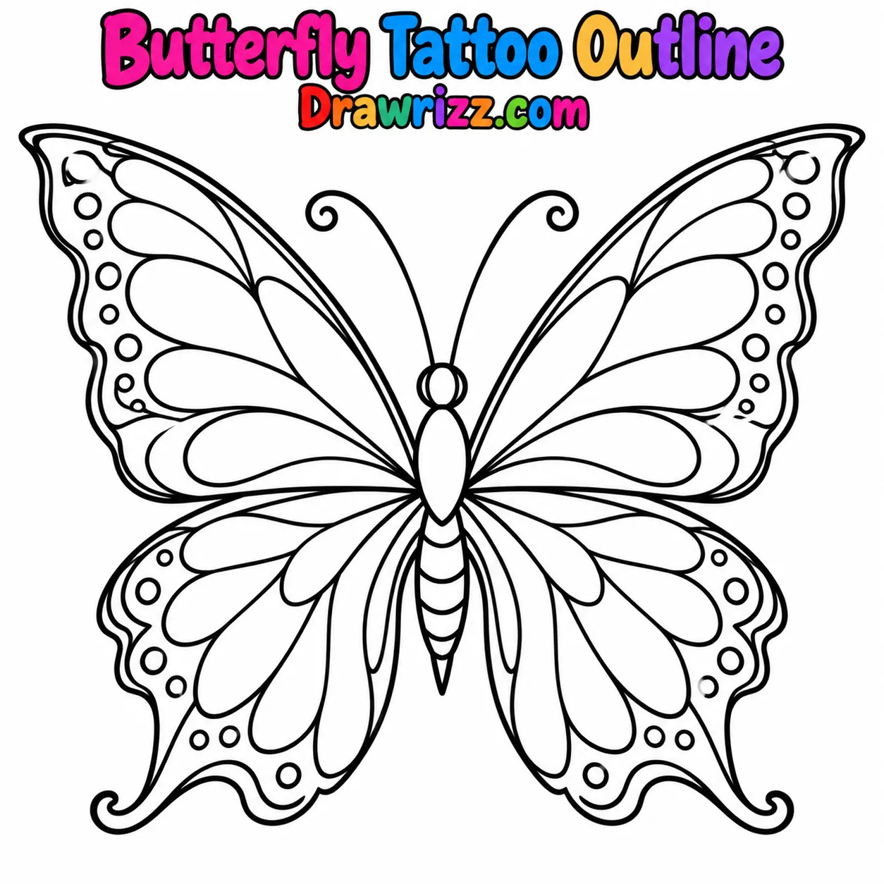 15 Tattoo Sketch Drawing Ideas for Creative Beginners Tattoo Sketch Drawing Ideas featuring a butterfly tattoo outline with patterned wings, curved antennae, and lines for coloring.