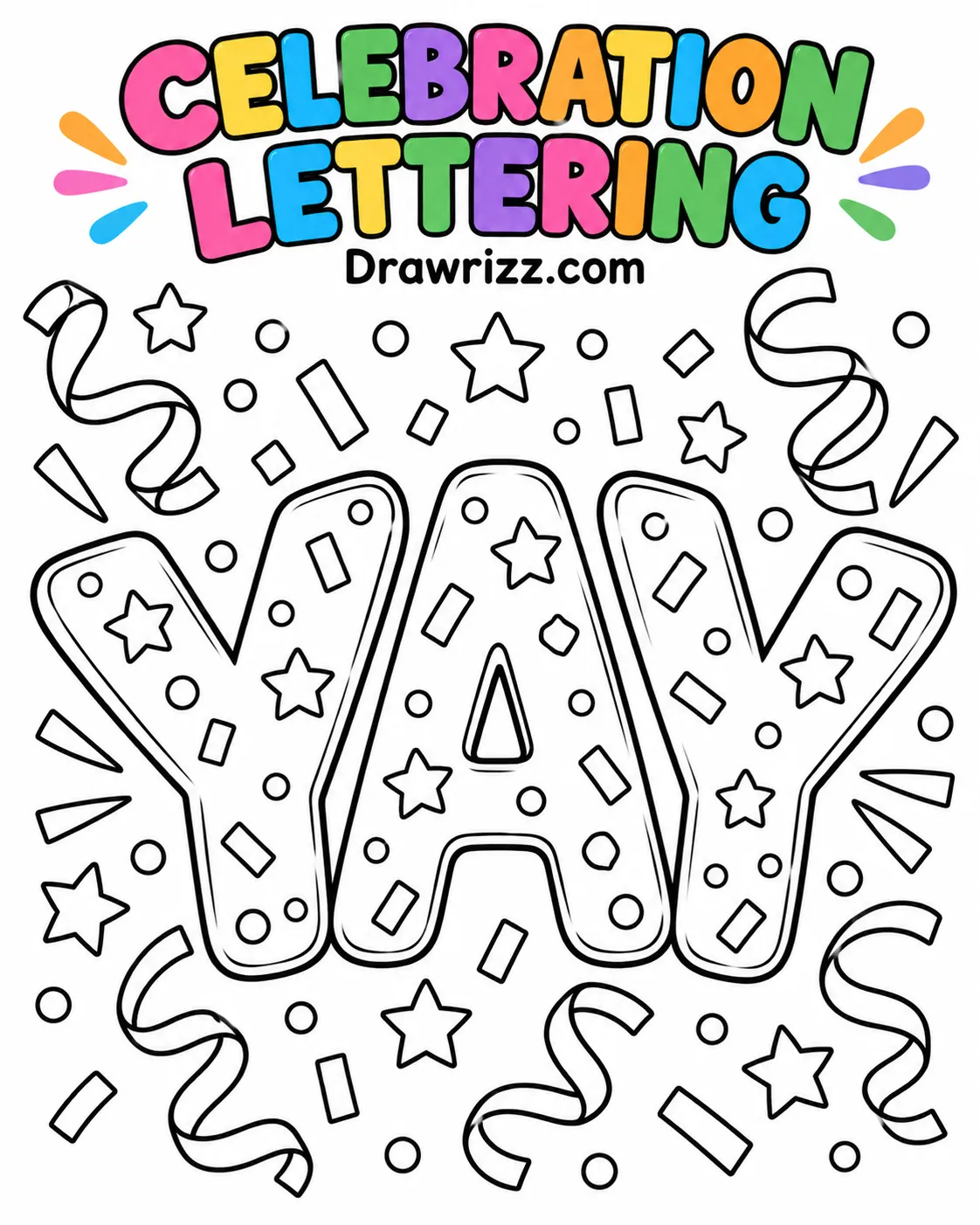 Confetti Drawing Ideas featuring YAY bubble letters with outlined stars, circles, paper pieces, and curling party ribbons