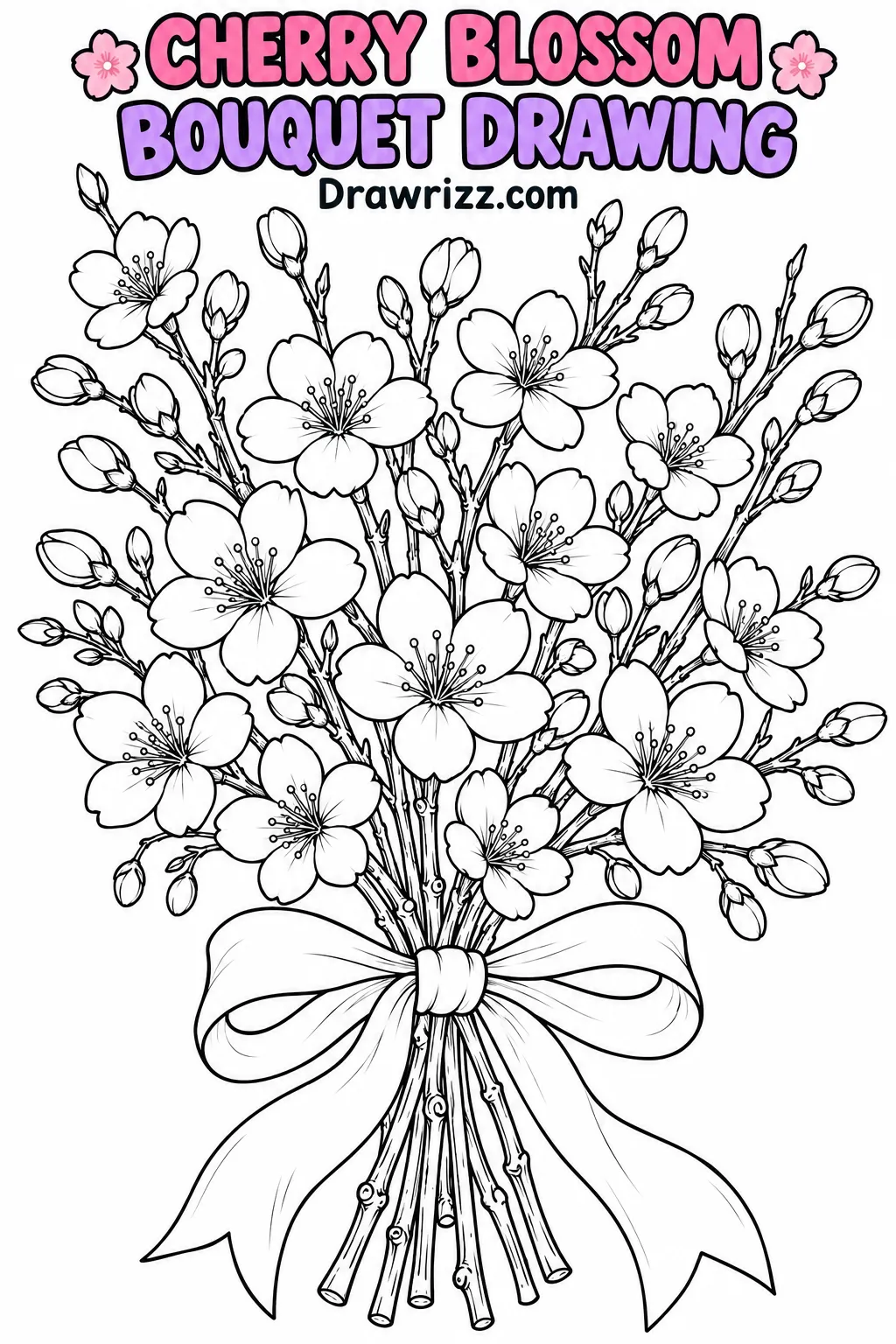 Cherry Blossom Drawing Ideas featuring a lovely sakura bouquet with delicate flowers, buds and ribbon bow for coloring pages.
