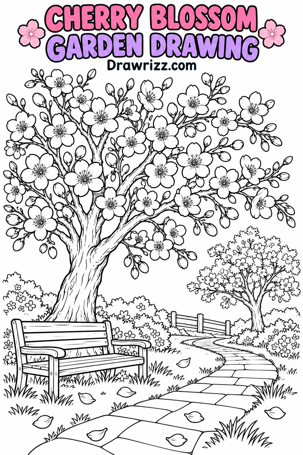 Cherry Blossom Drawing Ideas featuring a peaceful sakura garden with flowering trees, winding path and wooden bench to color.