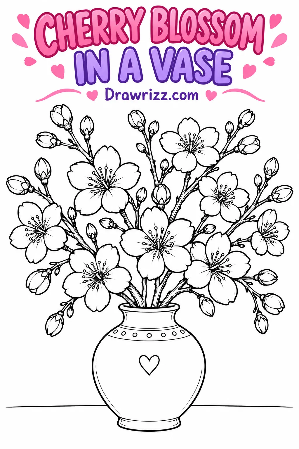 Cherry Blossom Drawing Ideas featuring sakura branches in a heart-decorated vase, printable black and white coloring page art