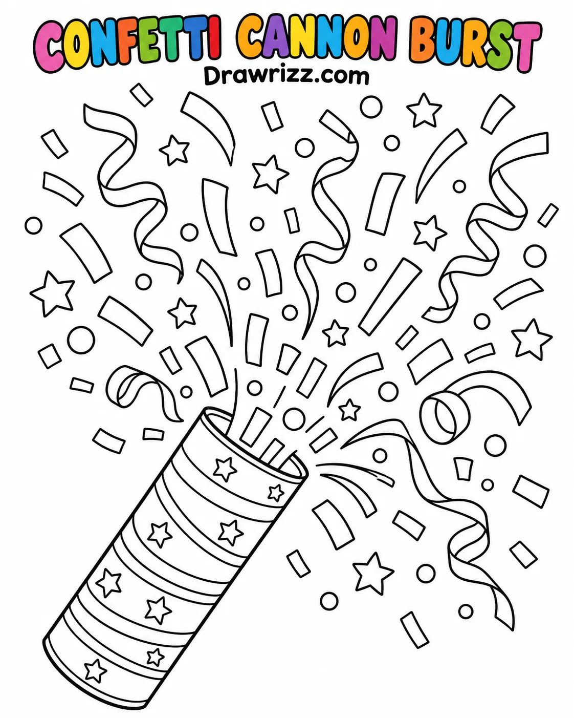 Confetti Drawing Ideas featuring a tilted party cannon bursting with stars, circles, paper strips, and swirling streamers above