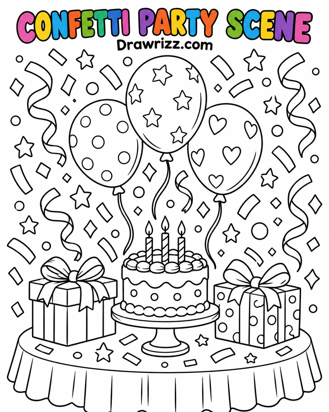 Confetti Drawing Ideas featuring a birthday cake, two wrapped gifts, three balloons, and falling stars and party streamers