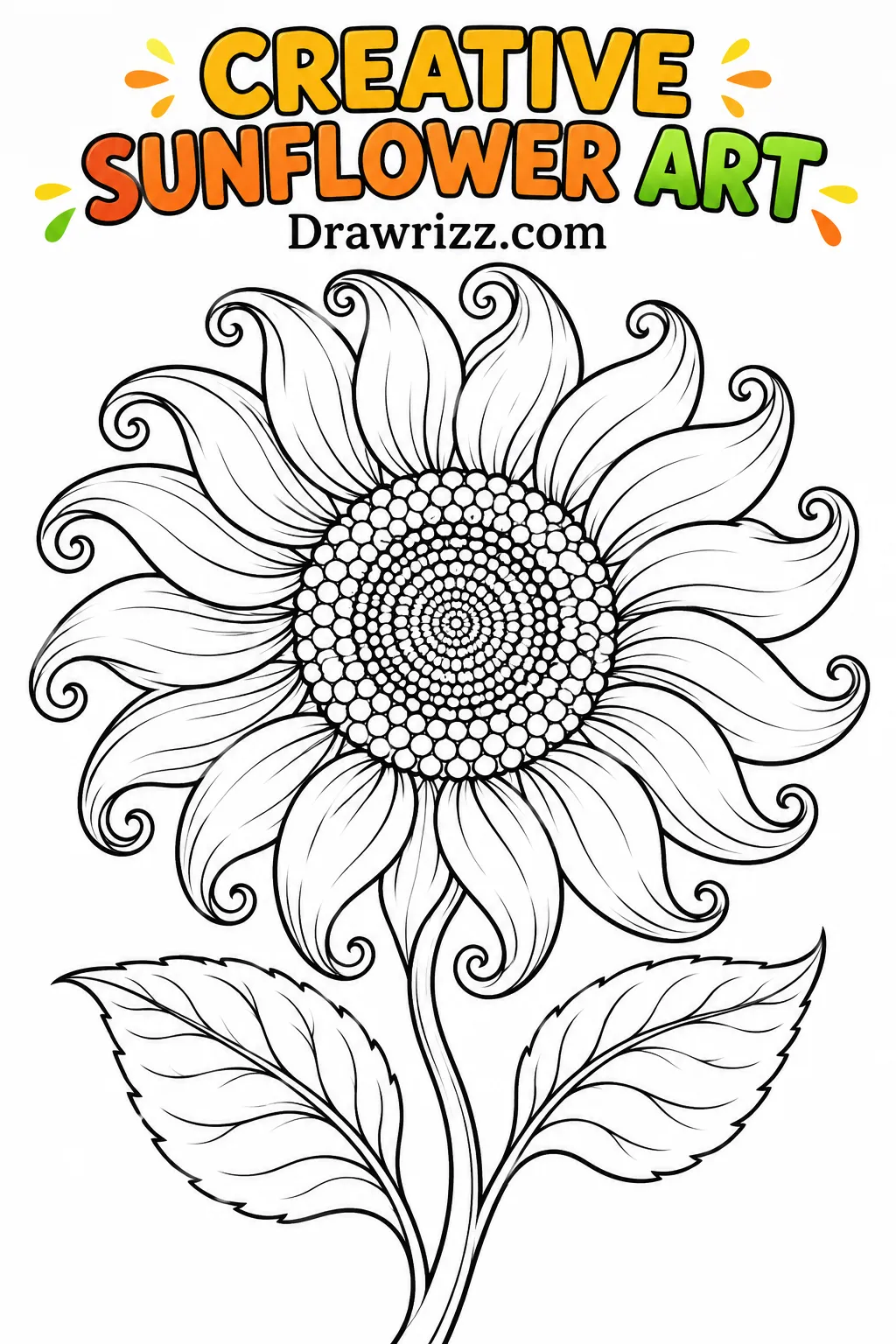 Sunflower drawing ideas featuring a creative spiral-petal bloom, detailed seed center, curved stem, and two outlined leaves
